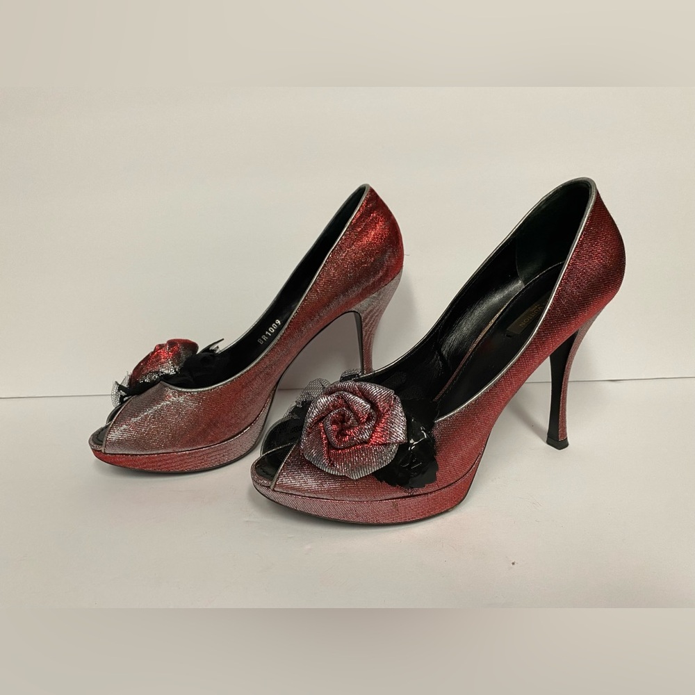 Louis Vuitton iridescent open toe pumps heels silver red 39.5
